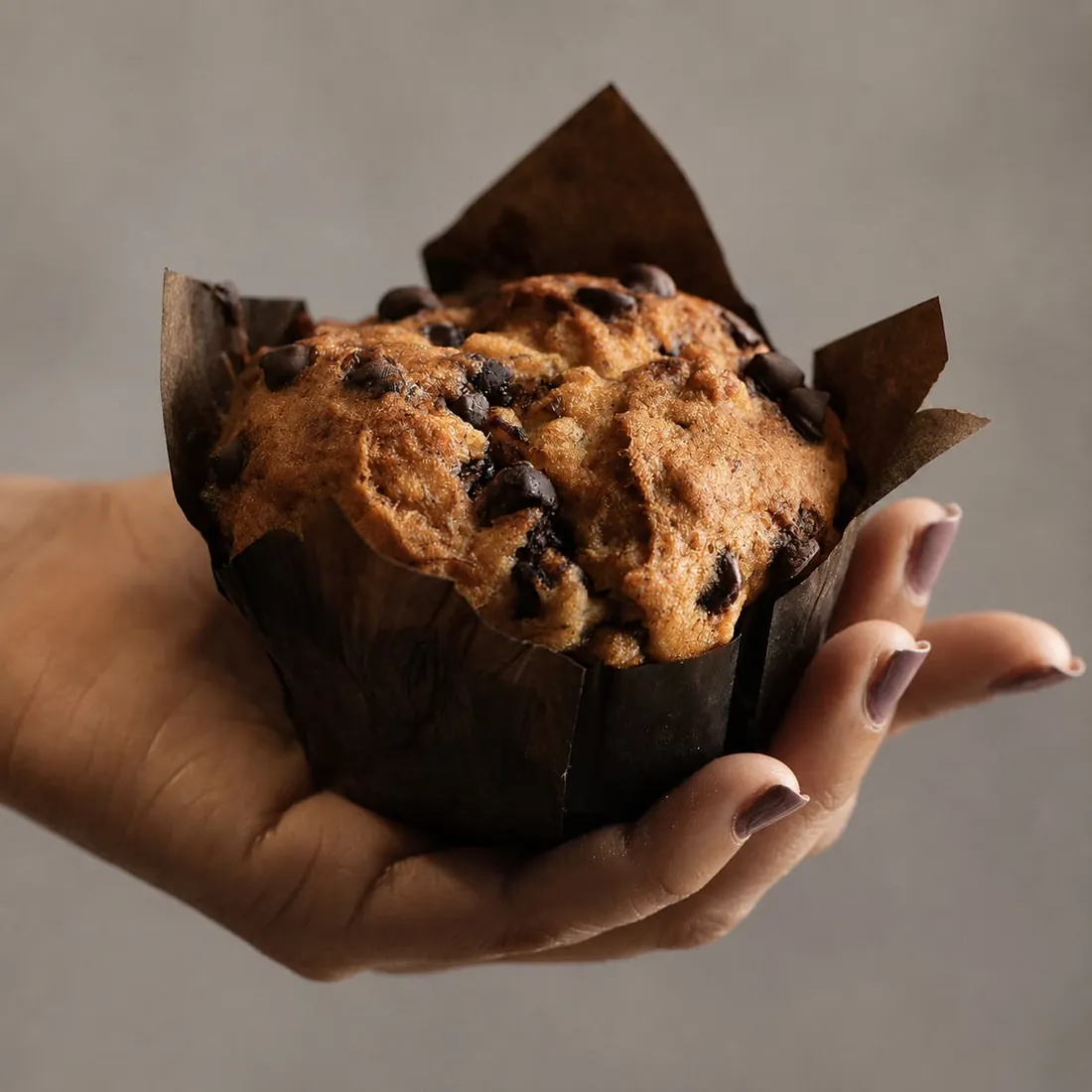A chocolate chip muffin held in one hand.